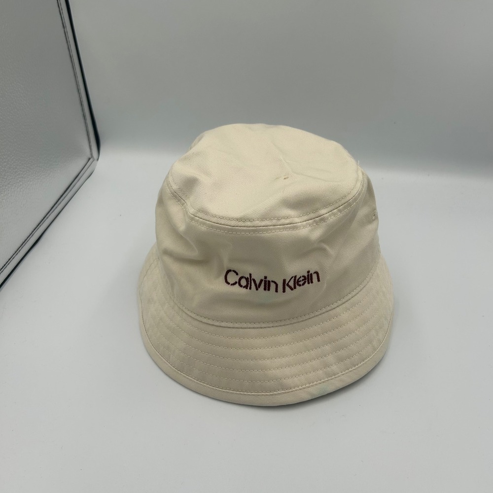 Calvin Klein Bucket Hat Unisex OS Cream Beige Embroidered Logo Cotton Twill